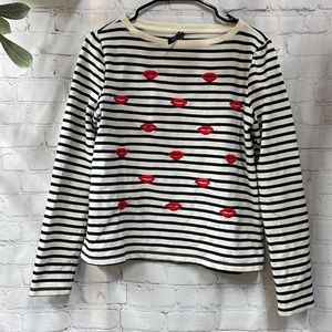 Betsy Johnson performance striped embroidered kisses S top